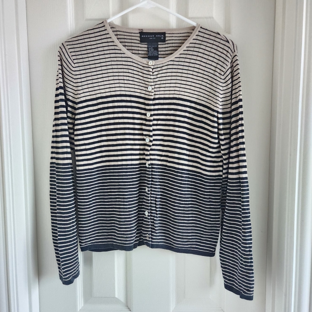 August Silk 100% Silk Striped Cardigan Sweater Neutral Tan Black Size‎ M